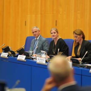 A panel of four at official desks.