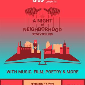 Marionette hands hang text that reads: A Night of Neighborhood Storytelling