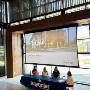 Four women sat at a large table 