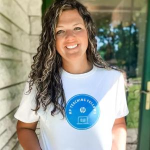 Tara Bova, wearing a HP teaching fellows t-shirt