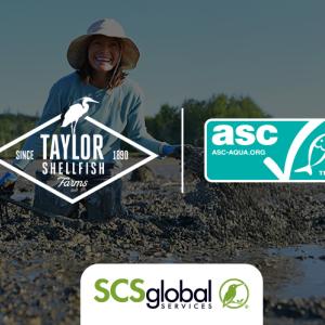 Aquaculture farm in background with SCS, ASC, and Taylor Farms logos