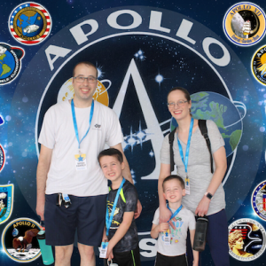 Daniel Teague; his father, Brian; mother, Brannon; and brother, Austin, enjoy a visit to NASA’s Kennedy Space Center.