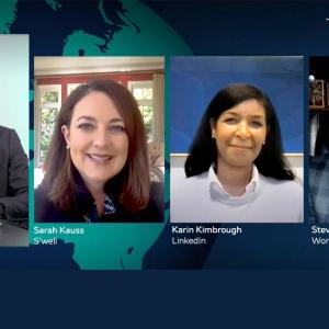 four screenshot profiles in a virtual meeting. TealTalks logo in the corner.