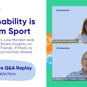 "Sustainability is a team sport" and synopsis next to a split screen of both speakers.