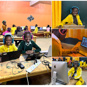 Collage of smiling students using headphones, laptops, and other devices in a school setting.