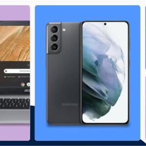 Collage of different technology products including a laptop, smartphone, smart watch and headphones