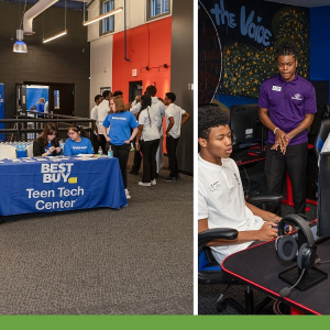 Collage of two photos of students using the Best Buy Teen Tech Center