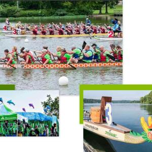 Collage of photos of Teresa Walker and a rowing team in a long wooden boat.