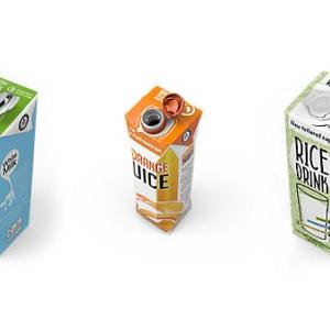 Three cartons of different liquid products. Two with open tethered caps.