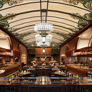 Large restaurant with chandeliers 