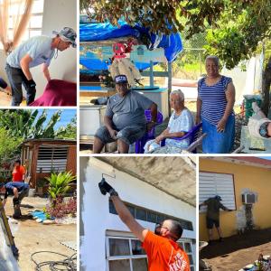 Photo montage of Home Depot volunteers working to repair damage from Hurricane Maria.