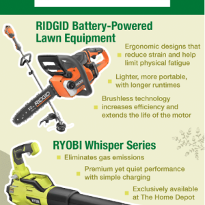 RIGID Battery-Powered Lawn Equipment RIDGID Ergonomic designs that - reduce strain and help limit physical fatigue Lighter, more portable, with longer runtimes Brushless technology increases efficiency and extends the life of the motor (e RYOBI Whisper Series Eliminates gas emissions Premium yet quiet performance with simple charging Exclusively available at The Home Depot