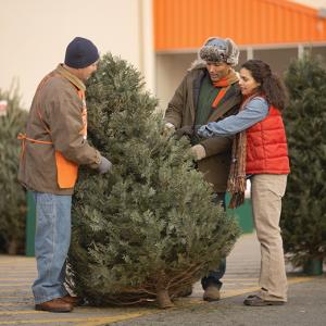 Family selecting a Christmas tree at Home Depot.