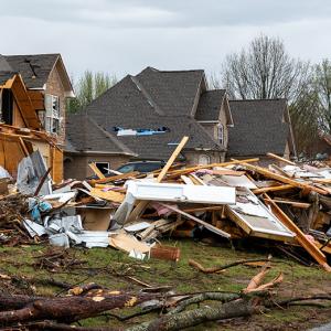 Tornado destruction in a neighborhood.