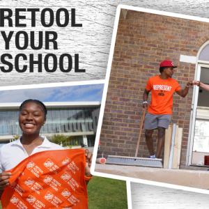 The Home Depot: Retool Your School. Volunteers shown doing repairs to a school.