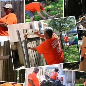 Collage of The Home Depot volunteers repairing her house.