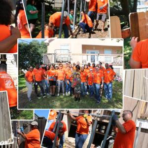 Collage of volunteers and the finished work on the house.