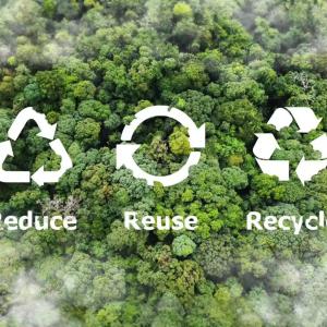 Reduce, Reuse, Recycle and symbols over a canopy of trees.