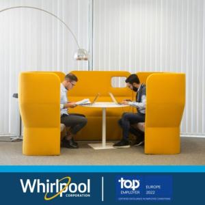 "Whirlpool Corporation: top employer Europe 2022" logo with people working on an orange couch