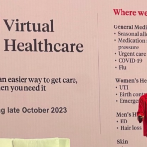 Tracey Brown presenting and a digital display behind her with the Walgreens logo and "Virtual Healthcare" with bullet points.