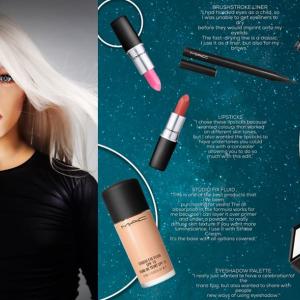 Trans model featured next to multiple make up products