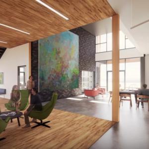 3D rendering of large open office space with seating areas.