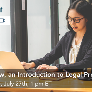 Woman working on a laptop with TrustLaw, an Introduction to Legal Pro Bono webinar information overlay