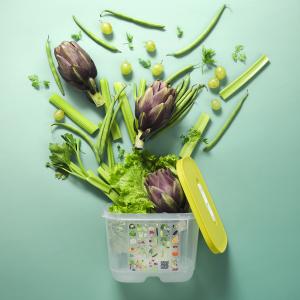 Fruits and vegetables emerging from Tupperware Brands container