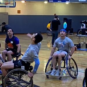 The U.S. Bank team playing wheelchair basketball.