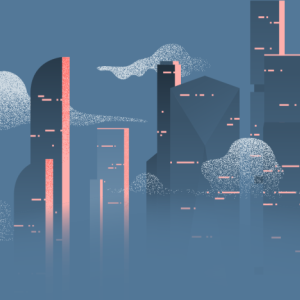 Abstract image of tall buildings in the clouds. An airplane flying off to the side