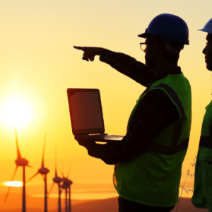people surveying windmills