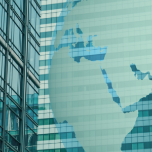 Building with globe overlay