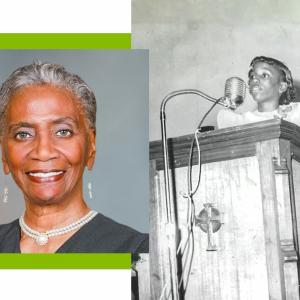 Collage of two photos: Left- Judge Vanzetta McPhearson in judicial robe, Right- Vanzetta at a podium as a child
