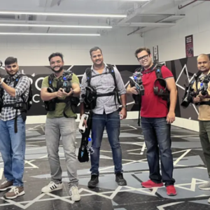 Vedant and friends ready to play laser tag.