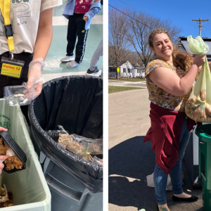 Two separate photo's of people turning food waste into usable compost