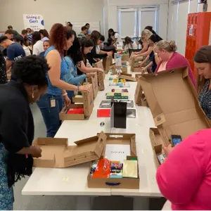 volunteers packing supplies