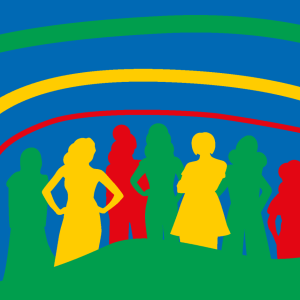 Colorful silhouettes of seven people. Block colors of blue, green, yellow and read around them.