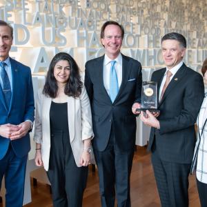 Emilio Tenuta, WEC Board Chair and SVP of Corporate Sustainability and Chief Sustainability Officer, Ecolab; Ezgi Barcenas, Chief Sustainability Officer, AB InBev; Glenn Prickett, President & CEO, WEC; Michel Doukeris, Chief Executive Officer, AB InBev; Linda Fisher, Gold Medal Jury Chair and former Vice President & Chief Sustainability Officer of DuPont