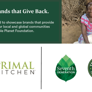 "Shop brands that give back" On the right a person sitting on the ground, a large silver bowl in their lap