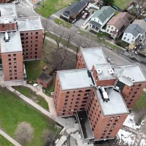 Overhead photo of two large buildings