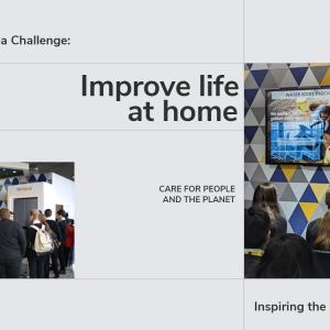 Whirlpool logo in the upper right, UK student idea challenge: Improve life at home. Care for people and the planet. Inspiring the next generation. Left image is a small group of students and whirlpool reps talking. Right image is a person speaking to a seated group of students, a monitor to their right.