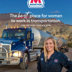"The best place for women to work in transportation. For the third year in a row. A person standing near a large semitruck.