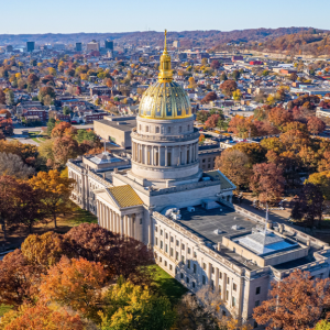 Aerial view of the West Virginia Capitol building.