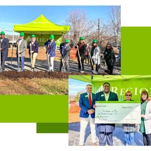A row of people in business attire and green hard hats each holding a shovel in the ground. A small green tent behind them with "Regions Bank" on it. The second photo is a smaller group of people holding a large check.