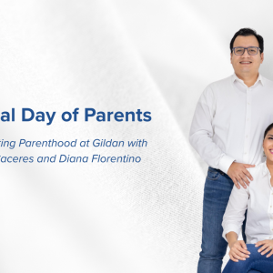 Two parents at Gildan featured against a white fabric backdrop.