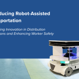 Gildan's transportation robot featured against a factory floor and solid blue backdrop.