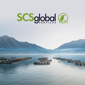 Aquaculture pens with SCS Global Services logo
