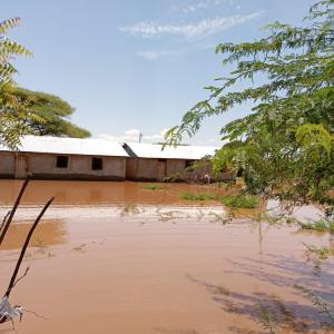 In Isiolo County, floods have partially submerged many buildings.