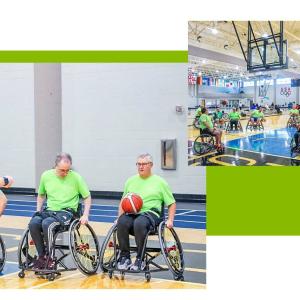 two images of people playing wheelchair basketball