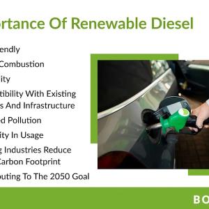 Importance Of Renewable Diesel • Eco-Friendly • Better Combustion • Versatility • Compatibility With Existing Engines And Infrastructure • Reduced Pollution • Flexibility In Usage • Helping Industries Reduce Their Carbon Footprint • Contributing To The 2050 Goal